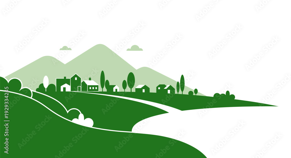 Fototapeta premium Green Hillside Village Landscape Illustration.