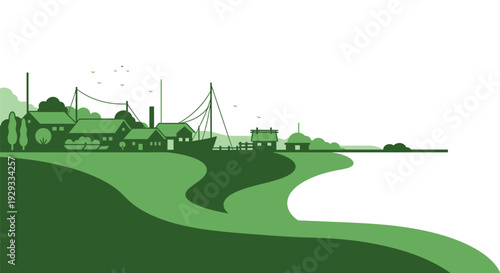 Green Industrial Landscape Illustration with Factory Buildings.