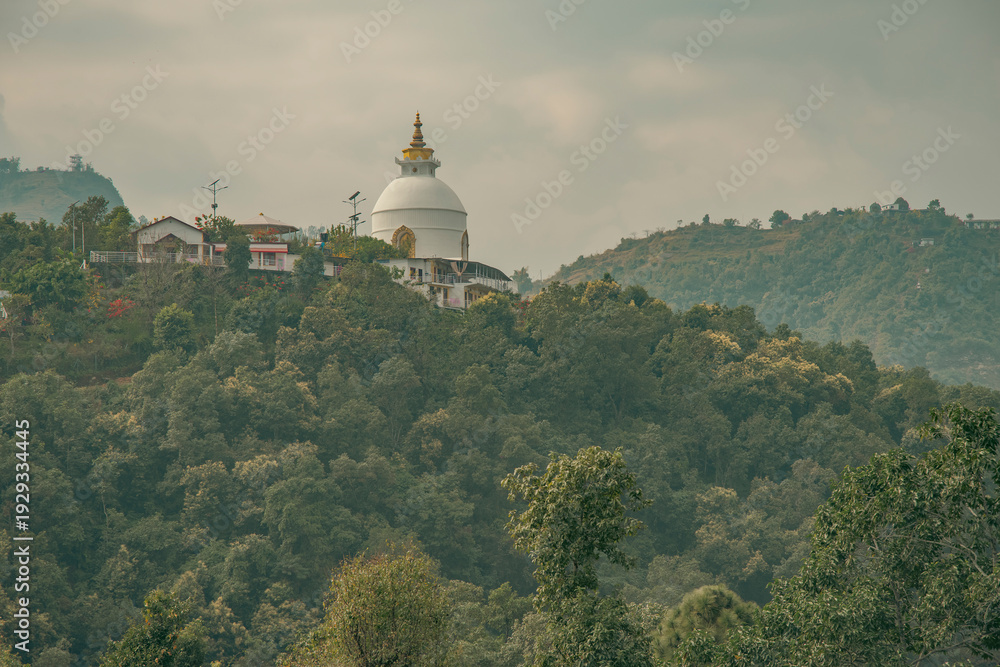Obraz premium World Peace Pagoda Shanti Stupa on Hill in Pokhara Nepal with copy space