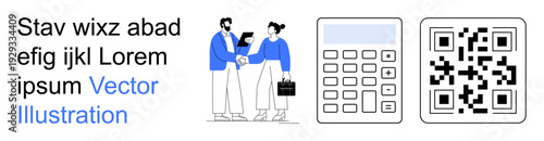 Business communication, teamwork, digital transactions, financial tools, coding, analytics. Business professionals shaking hands, calculator QR code. Business communication and digital transactions
