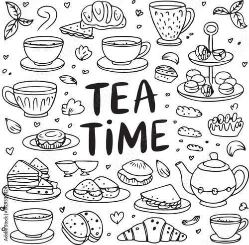 Tea time illustration with various tea cups and delicious food