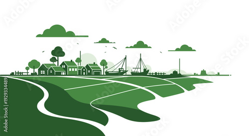 Green Landscape with Farm and Trees.