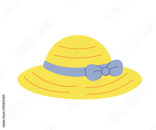 Cute summer straw hat with a light blue ribbon and bow. Bright hand-drawn vector illustration in cartoon flat style, isolated on white.