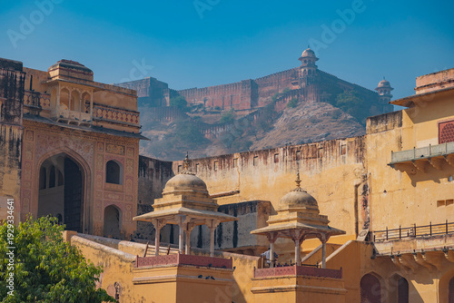 Historic Amber Fort and Jaigarh Fort View in Jaipur India with copy space