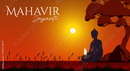 Mahavir Jayanti Sunset Silhouette Meditation Under Sacred Tree Poster Background