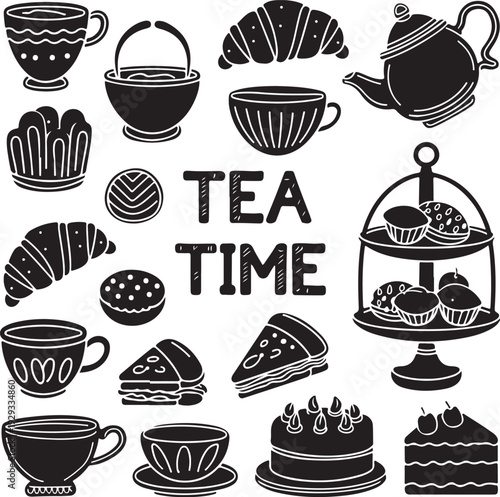 Tea time illustration with various tea cups cakes and desserts