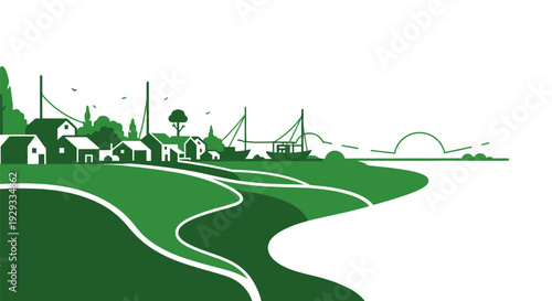 Green Landscape with Road and Buildings.