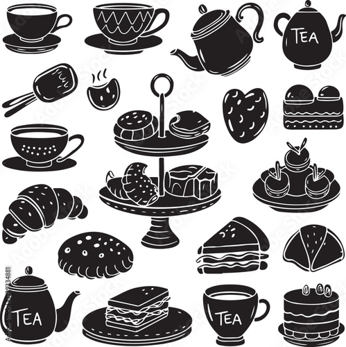 Black and white illustration of tea time desserts and dishes
