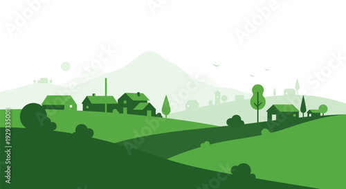 Green Rural Landscape with Houses and Trees.