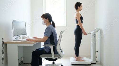 Woman Undergoing Body Composition Analysis Test with Technician