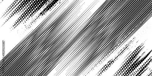 Grunge halftone gradient background. Faded grit noise texture. White and black sand wallpaper. Retro pixelated backdrop. Anime or manga style comic overlay. Vector illustration. eps 10