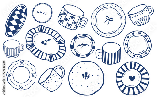 Dishes menu design. A collection of tableware for posters, cafes, or restaurant menus. Vintage hand-drawn illustration, sketch, and vector illustration. Line art style.