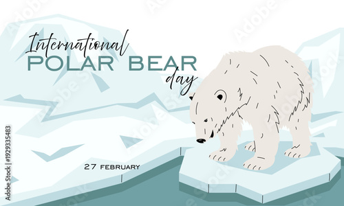 International Polar Bear Day horizontal banner with white bear walking on ice. Flat illustration for arctic wildlife posters, environmental greeting cards or 27 February ecology event invitations