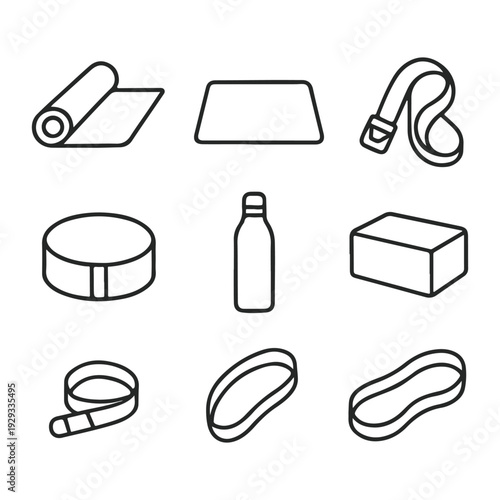 Yoga Accessories Outline Icon Set – Rolled and Unrolled Yoga Mat, Cork Block, Adjustable Strap, Meditation Cushion, Steel Water Bottle & Resistance Band 