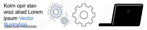Technology, automation, teamwork, digital transformation, innovation, business operations. Graphic of interconnected gears alongside a laptop. Technology and automation are explored through this