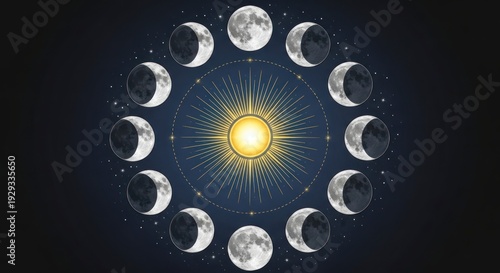 Lunar Cycle Phases Around Sun.