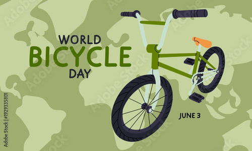 World Bicycle Day horizontal banner with BMX bike, world map in green colors background. Flat illustration for healthy lifestyle posters, eco friendly transport greeting cards June 3 event invitations