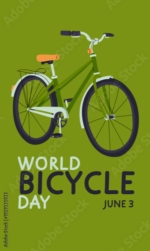 World Bicycle Day vertical banner with green city bike on olive background. Flat illustration for social media stories, healthy lifestyle posters, eco friendly greeting cards or June 3 invitations.