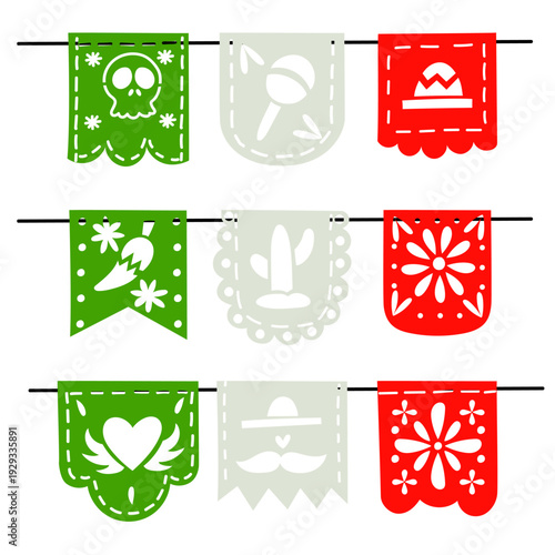 Traditional mexican papel picado flags with festive symbols. Flat illustration for Cinco de Mayo party decoration, fiesta greeting cards, posters or cultural event invitations.