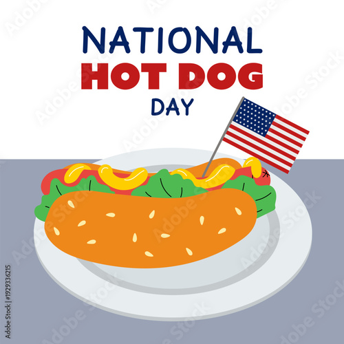 National Hot Dog Day square banner with sausage in bun, lettuce on a plate and USA flag. Flat illustration for american food festival posters, cafe greeting cards or patriotic party invitations