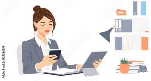 A smiling professional businesswoman sitting at an office desk works on her laptop computer, embodying success and modern technology while using her notebook for executive communication and job tasks