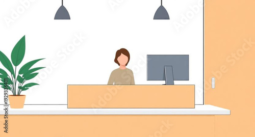 A young businesswoman in a cartoon vector illustration sitting at her office desk and meditating in a yoga position near her laptop computer