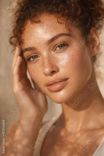 Young Woman With Freckles and Curly Hair Portrait