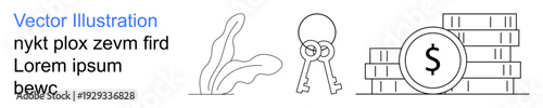Finance, savings, investment, security, wealth management, economic growth. Illustration of key, plant and stacked coins with dollar symbol. Finance and savings concept