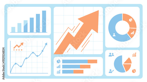 A comprehensive dashboard displaying various data visualization charts including bar graphs, line graphs, and pie charts, illustrating business growth and analytics.