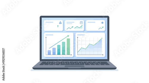 Laptop displaying a business analytics dashboard with various charts and graphs on a white background, illustrating data visualization and financial reporting.