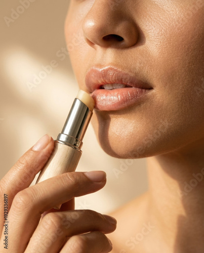 Woman Applying Lip Balm With Gold Tube Close Up