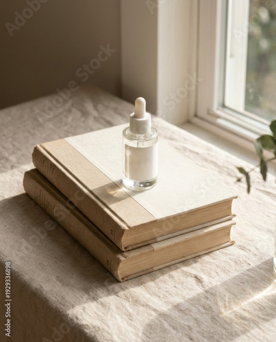 Skincare Serum Bottle on Stacked Books by Sunny Window