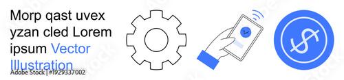 Financial technology, mobile payments, secure transactions, digital wallets, automation, account verification. Gear, smartphone with checkmark and dollar symbol. Financial technology and mobile