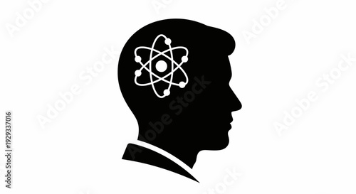 Silhouette of a human head with atom symbol inside, representing science and intellect