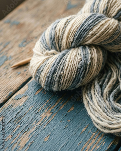 Hand Spun Yarn Skein on Weathered Blue Wood