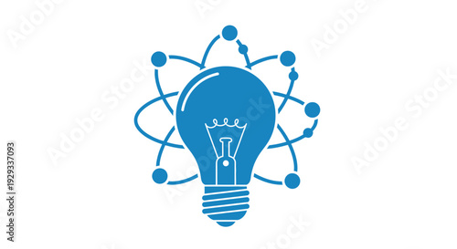 Blue light bulb with orbiting atoms symbolizing innovation and scientific discovery