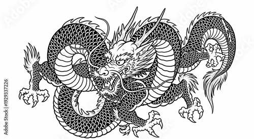 Traditional Japanese Dragon Tattoo Design, Black and White