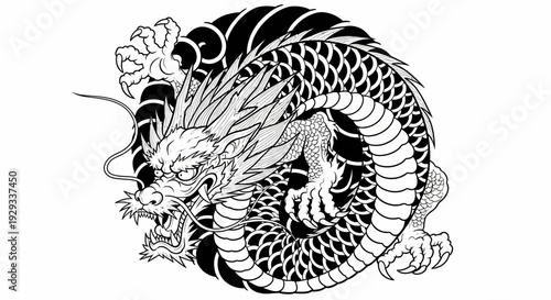 Japanese Dragon Tattoo Design, Mythical Creature Illustration
