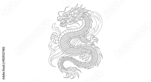 Mythical Chinese Dragon Illustration, Traditional Asian Serpent Tattoo Design
