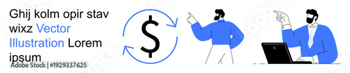 Financial planning, business interaction, teamwork, data analysis, currency exchange, digital communication. Symbols of dollar sign, arrows and professionals working together. Financial planning