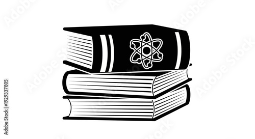 Stack of science books with atomic symbol illustration, black and white vector art