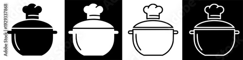 Culinary icon: Chef's hat atop a cooking pot, representing food preparation and gourmet meals
