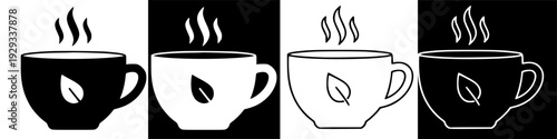 Simple graphic icon featuring a steaming cup with a leaf, symbolizing natural hot tea or herbal drink.