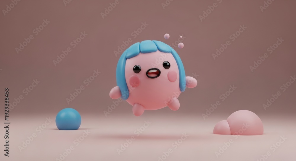 Obraz premium Pink Cartoon Character with Blue Hair.