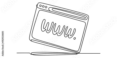 Continuous line drawing of a web browser window with the text www on the screen. Vector, illustration