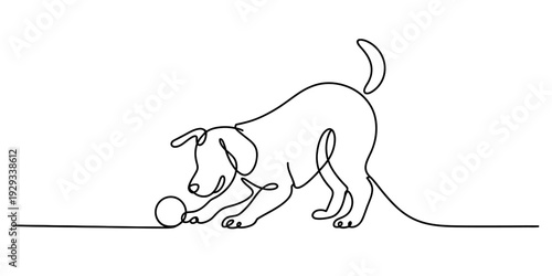 Minimalist continuous line drawing of a playful dog playing with a ball on a white background. Vector, illustration
