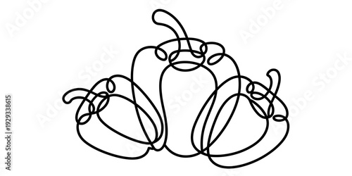 Minimalist continuous line drawing of three bell peppers on a clean white background. Vector, illustration