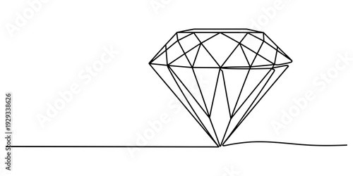 Minimalist black and white line art illustration of a faceted diamond on a horizontal surface Vector, illustration