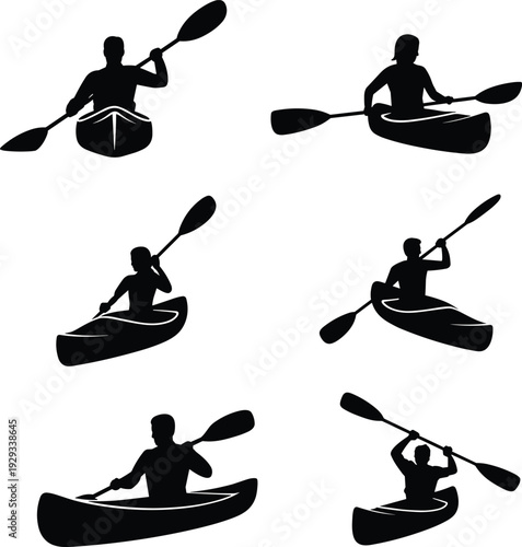 Large collection of black silhouettes featuring male and female athletes paddling kayaks and canoes in various active rowing water sports poses isolated on white background