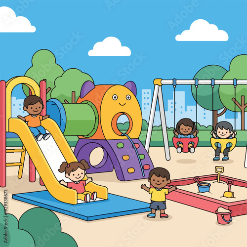 Children playing on a vibrant playground with a slide, swings, and sandbox